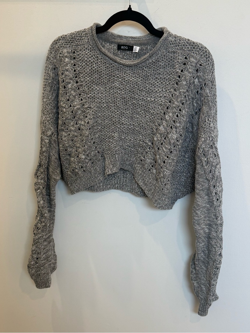 BDG Grey Cropped Open-Knit Crew Sweater